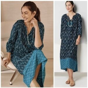 J. Jill Pure Jill Ikat Hi Low Cotton Navy Blue Multi Dress Womens Size L